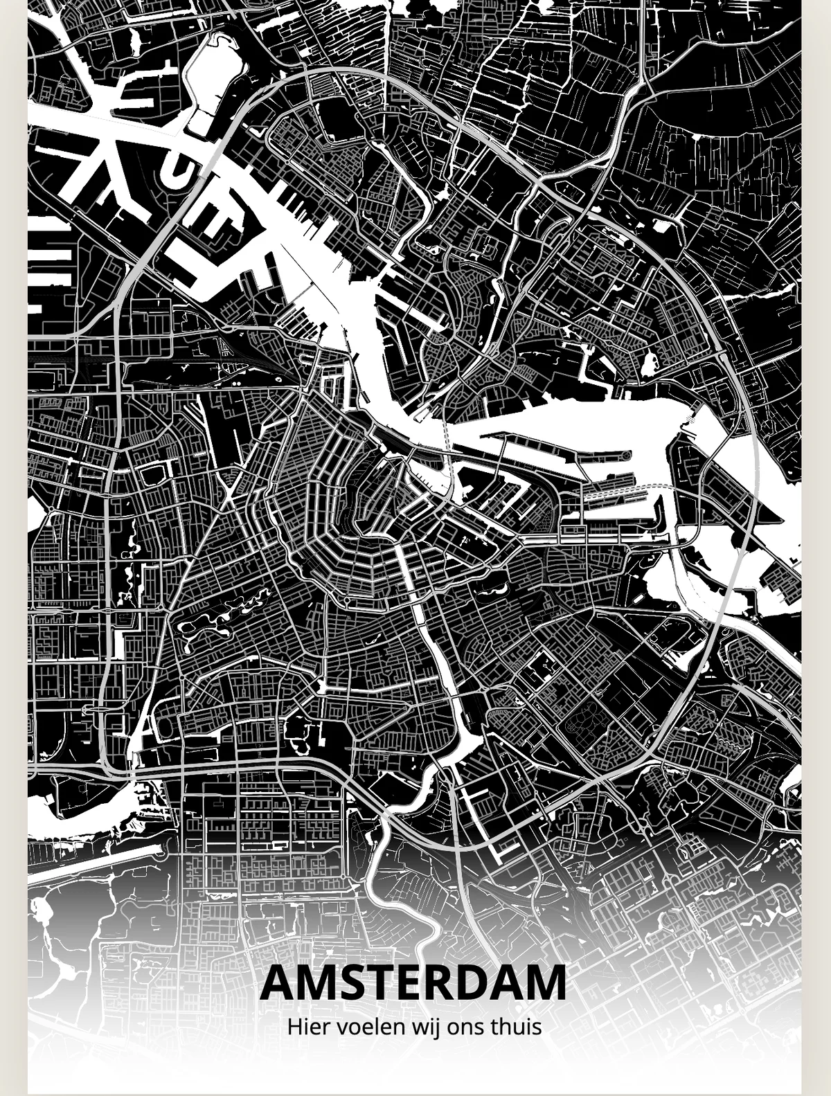Zwart-witte stadskaart van Amsterdam met de tekst Hier voelen wij ons thuis